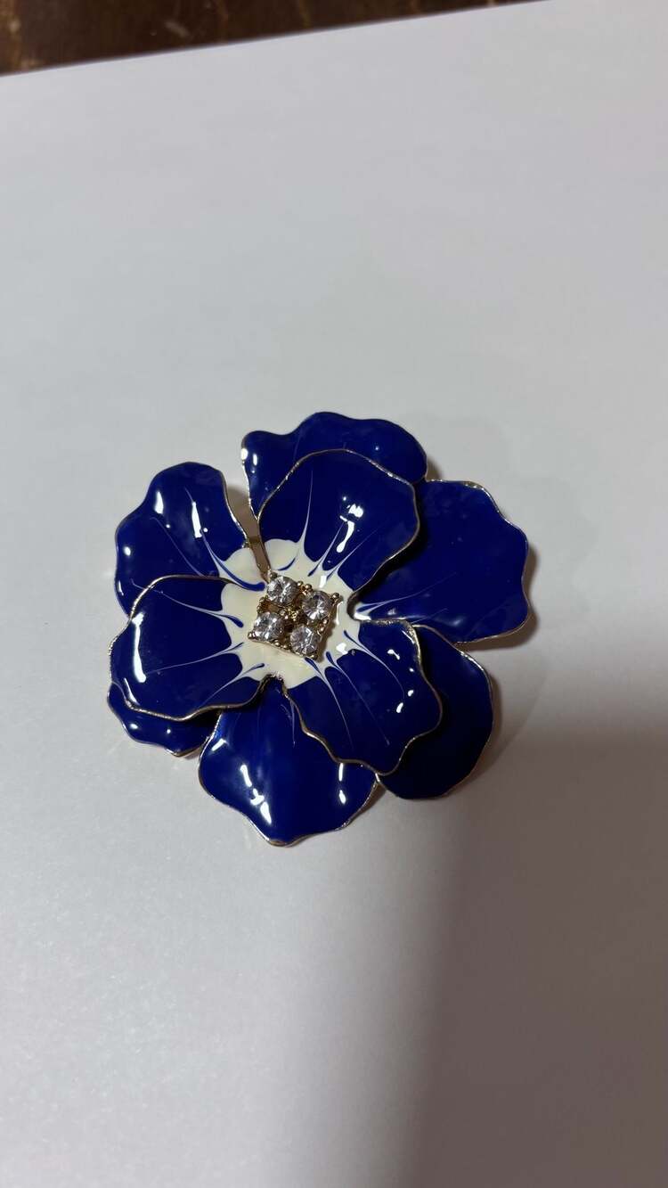 Blue Enamel Crystal Flower Brooch Pin